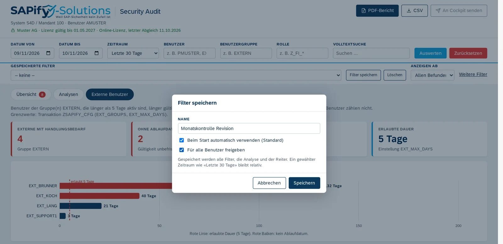 Dialog Filter speichern mit Optionen Standard und Freigeben