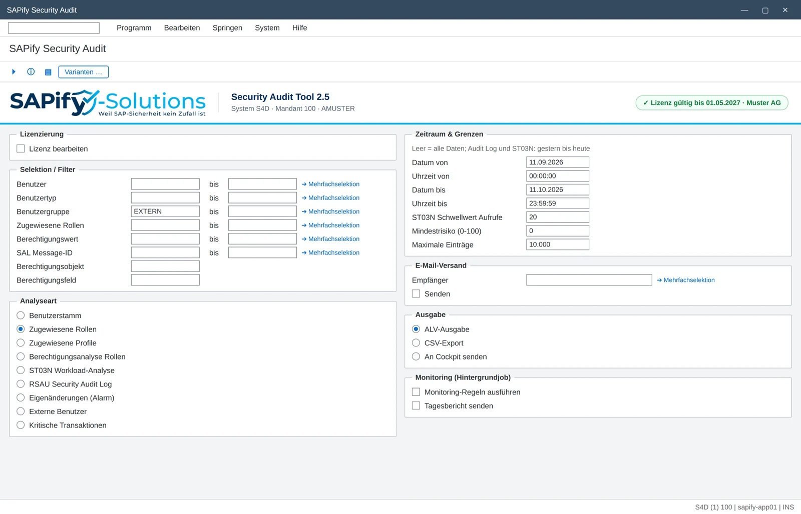 SAP GUI Selektionsbild des SAPify Security Audit mit Analysearten