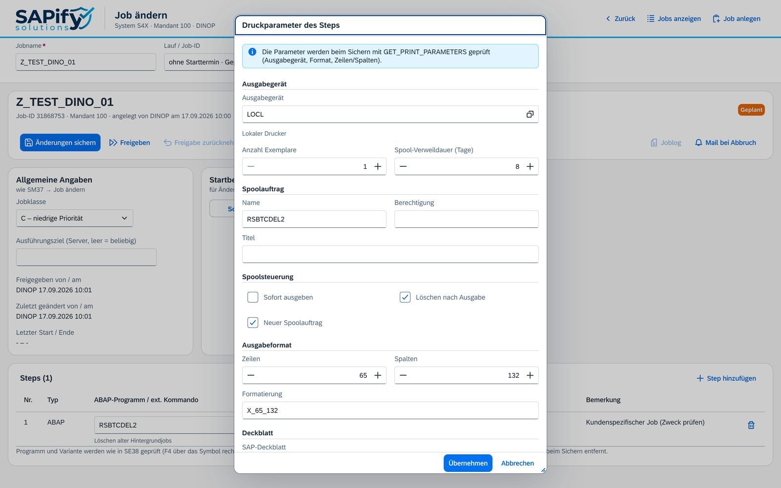 Job ändern mit Dialog Druckparameter
